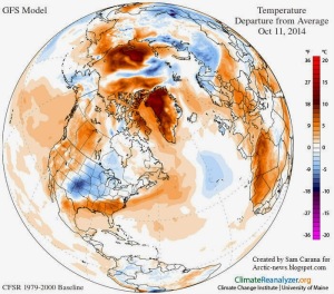 As anomalias de temperatura alta sobre a Groenlândia e partes do Oceano Ártico a 11 de Outubro de 2014. Note-se que as anomalias são a média ao longo do dia (e da noite).
