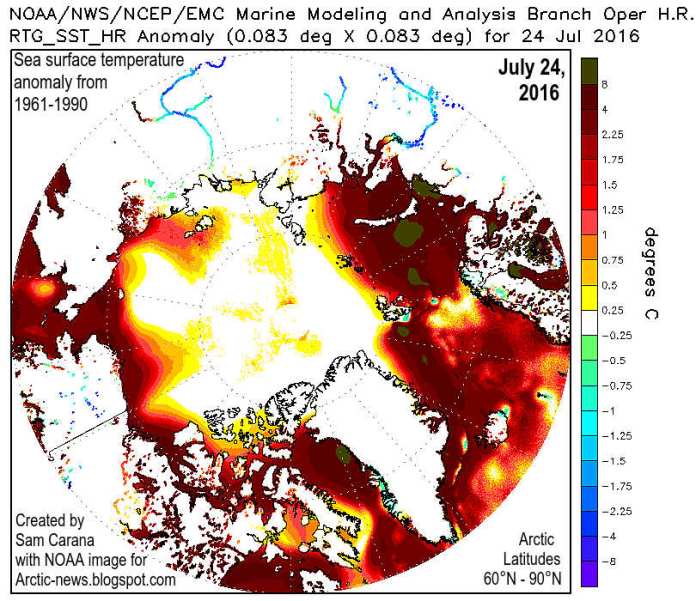 Temperaturas anormais muito elevadas no Ártico em Julho de 2016