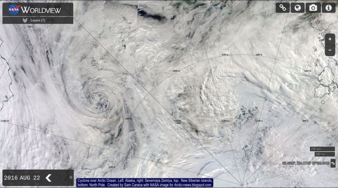 Ventos fortes de ciclone no Ártico em Agosto 2016